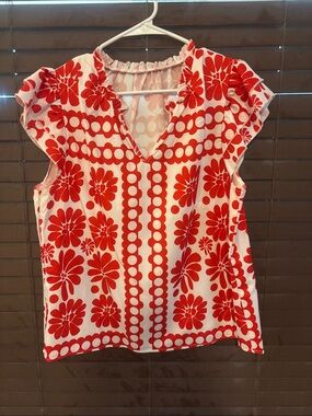 SHEIN Red and White Floral V-Neck Blouse